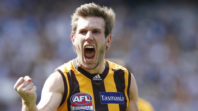 BIG GAME STAR: Grant Birchall celebrates a first quarter goal in the 2015 grand final against West Coast. Pic: Michael Klein