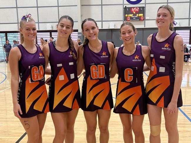 Queensland School Sport Netball 2023. Pictured athletes L-R: M‘Lea Michael, Gypsy McCormack, Sienna Jones, Ava Guthrie, Emmisyn Wynyard