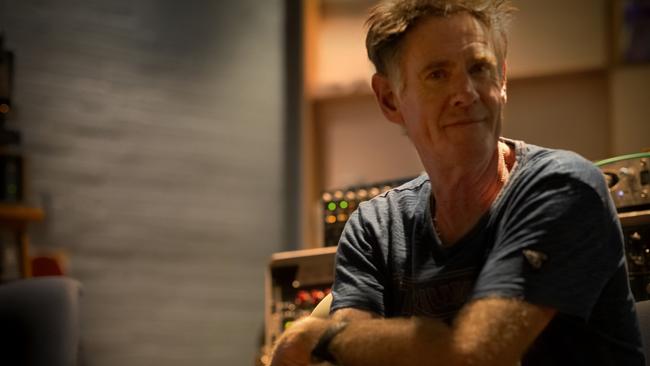 Midnight Oil bassist and co-vocalist Bones Hillman, pictured at Rancom St Studios during recording for The Makarrata Project in October 2019. Picture: Robert Hambling/Supplied.