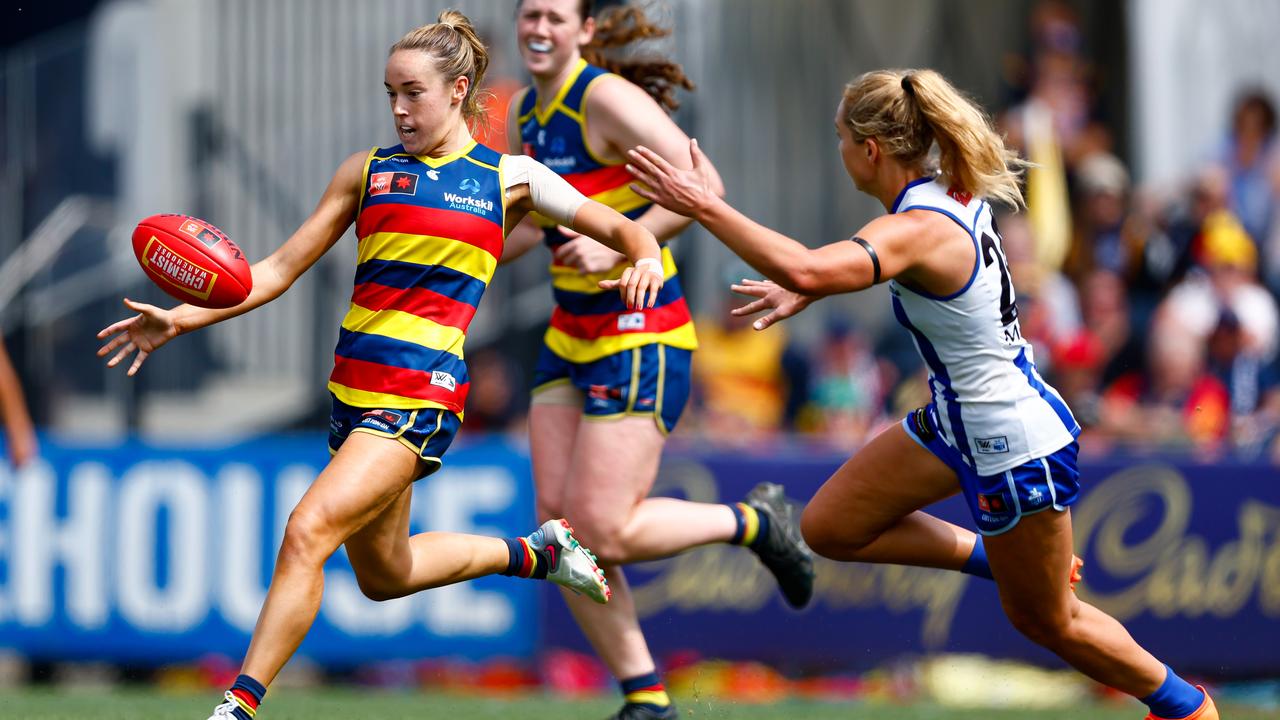 MELBOURNE, AUSTRALIA - NOVEMBER 26: Madison Newman of the Crows in action during the 2023 AFLW Second Preliminary Final match between The North Melbourne Tasmanian Kangaroos and The Adelaide Crows at IKON Park on November 26, 2023 in Melbourne, Australia. (Photo by Dylan Burns/AFL Photos via Getty Images)