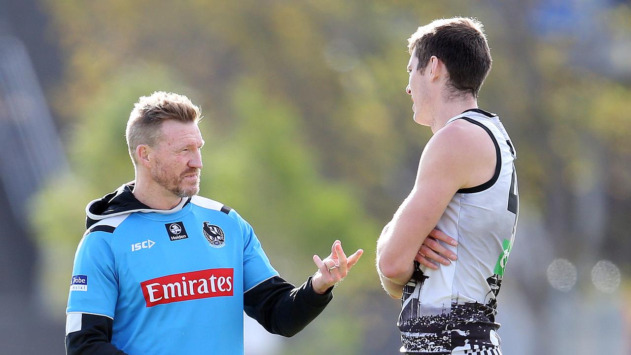 Nathan Buckley and Mason Cox have a strong relationship. Photo: Michael Klein