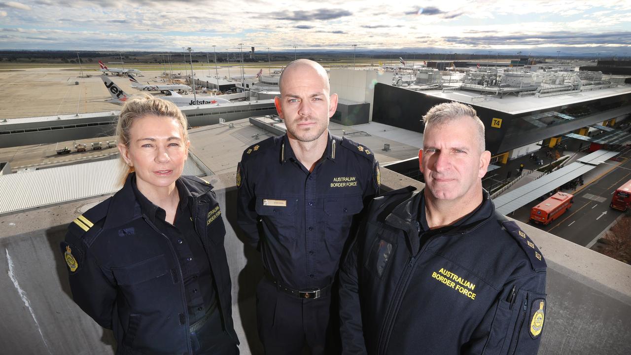 Australian Border Force officials Snr Border Force officer Vanessa Mandas, Superintendent Allister Keel and Inspector Andrew Holman are working to stop bikies and crime figures helping to smuggle drugs and illegal tobacco. Picture: David Caird