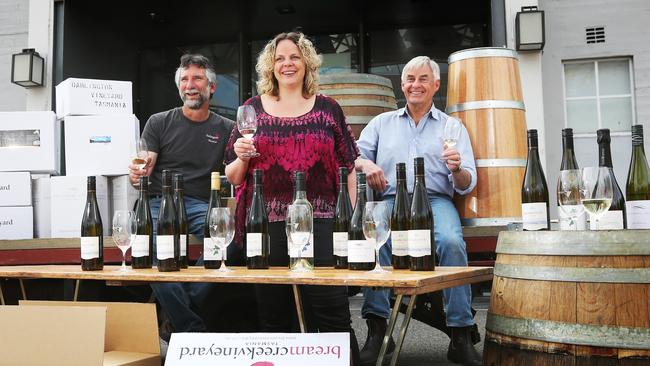 L-R Paul Stranan of Darlington Vineyard, Nicky Quon of Frogmore Creek Wines, Fred Peacock of Bream Creek Vineyard who are all participating. Preview to the White Wine Weekend at PW1. Picture Nikki Davis-Jones