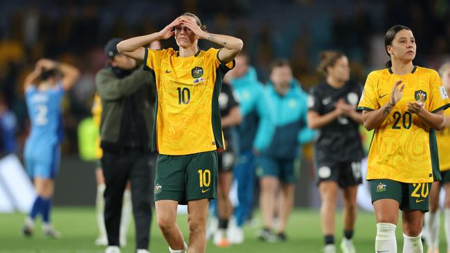 Matildas Emily Van-Egmond and Sam Kerr of Australia look dejected after the team's 1-3 defeat and elimination from the FIFA Women's World Cup. Picture: Catherine Ivill (Getty Images)