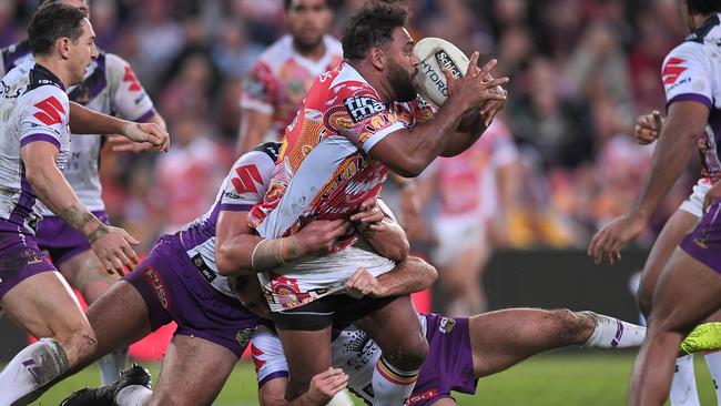 Sam Thaiday of the Broncos is tackled during the Round 17 NRL match between the Brisbane Broncos and the Melbourne Storm at Suncorp Stadium in Brisbane, Friday, June 30, 2017. (AAP Image/Albert Perez) NO ARCHIVING, EDITORIAL USE ONLY