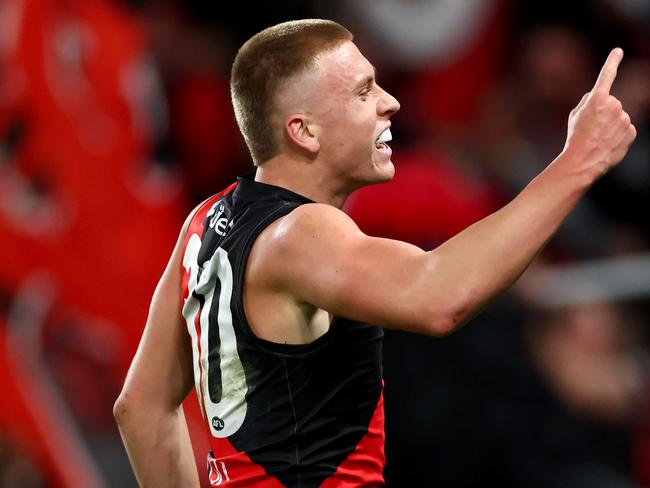 Nate Caddy celebrates kicking a goal. Picture: Getty Images