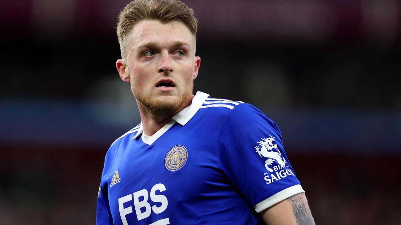 BIRMINGHAM, ENGLAND - FEBRUARY 04: Harry Souttar of Leicester City looks on during the Premier League match between Aston Villa and Leicester City at Villa Park on February 04, 2023 in Birmingham, England. (Photo by Richard Heathcote/Getty Images)