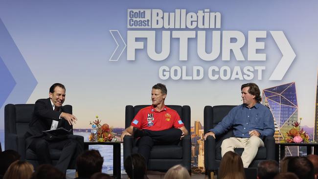 Gold Coast Bulletin Editor Ryan Keen recalls first meeting Gold Coast Titans coach Des Hasler who “crushed” his hand warmly in a handshake. The pair are joined by Suns coach Damien Hardwick for the Future Gold Coast breakfast. Picture Glenn Hampson