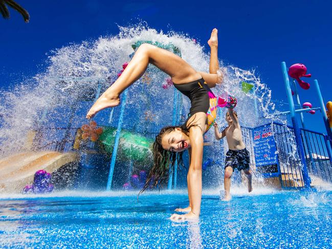 Mac, 7 and Sienna Mitchell, 10 cool off at Sea World Resort on the Gold Coast. For a story on holiday bookings and trends.Picture: NIGEL HALLETT*** Kim mum ** 0422095596 ***