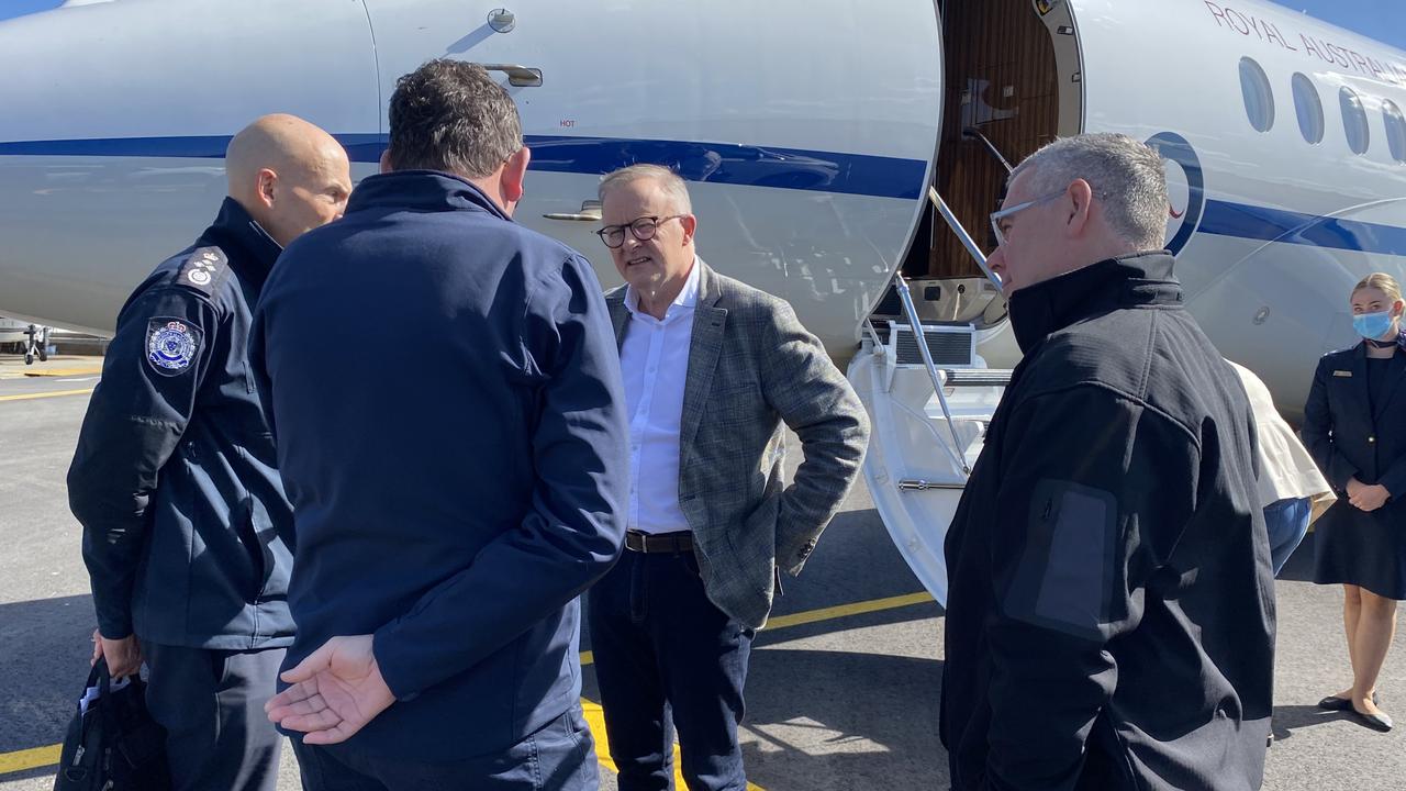 Anthony Albanese and Daniel Andrews prepare to take a flight over Rochester. Picture: NCA NewsWire