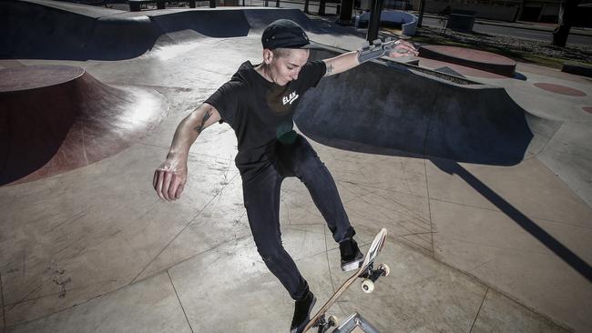 Skateboarder Kat Williams at Oaklands Park skate facility. Picture: AAP / Mike Burton