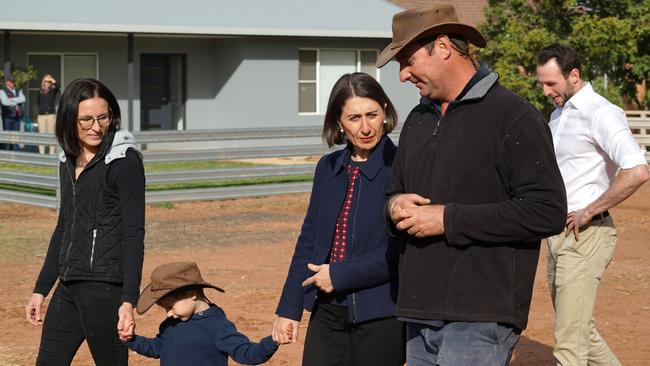 NSW Premier Gladys Berejiklian tours Rosewood farm in Dubbo, having announced a $284 million boost to a relief package for farmers. Picture: AAP