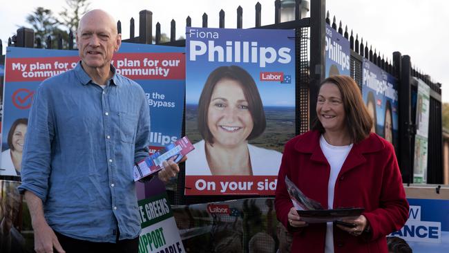 Midnight Oil lead singer Peter Garrett supporting Labor's incumbent in Gilmore, Fiona Phillips, at Bomaderry Public School. Picture: Nathan Schmidt