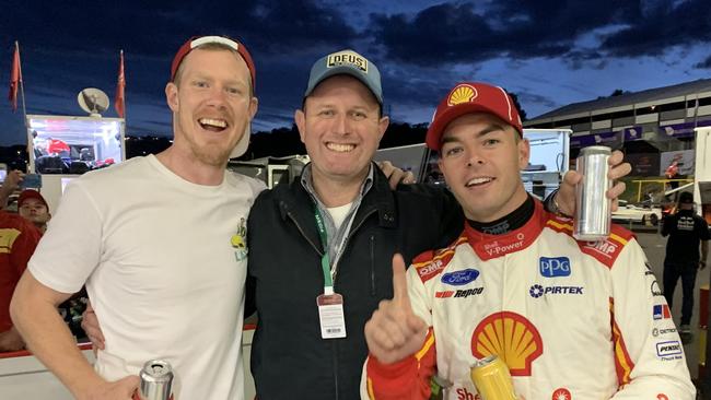 Jack Riewoldt, AFL360 producer Tim Hodges and driver Scott McLaughlin.