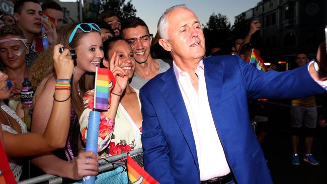 Prime Minister Malcolm Turnbull at the 2016 Mardi Gras parade.