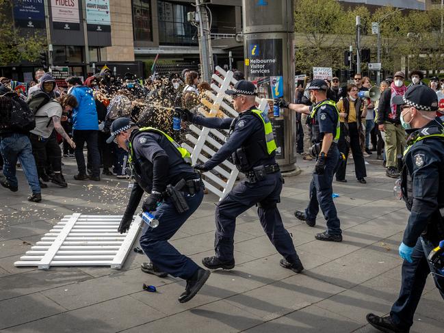 Police used capsicum spray on Wednesday. Picture: Jake Nowakowski