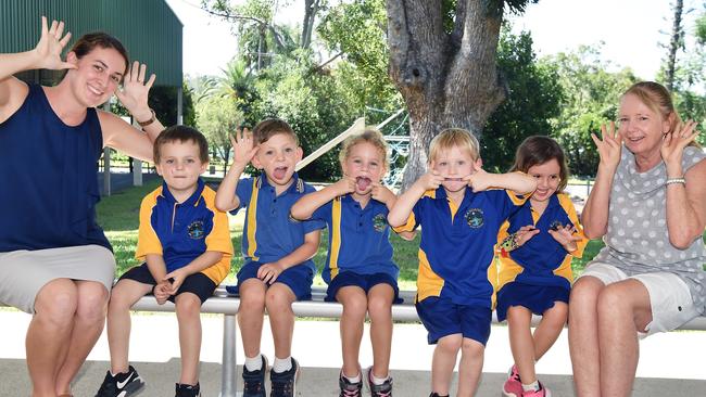 MY FIRST YEAR: Funny faces. Kandanga State School Preps. (LtoR) Mrs Rachel Fleming, Zac, Jackson, Olivia, Flynn, Jocelyn, Mrs Vicki Fromm. Picture: Patrick Woods.
