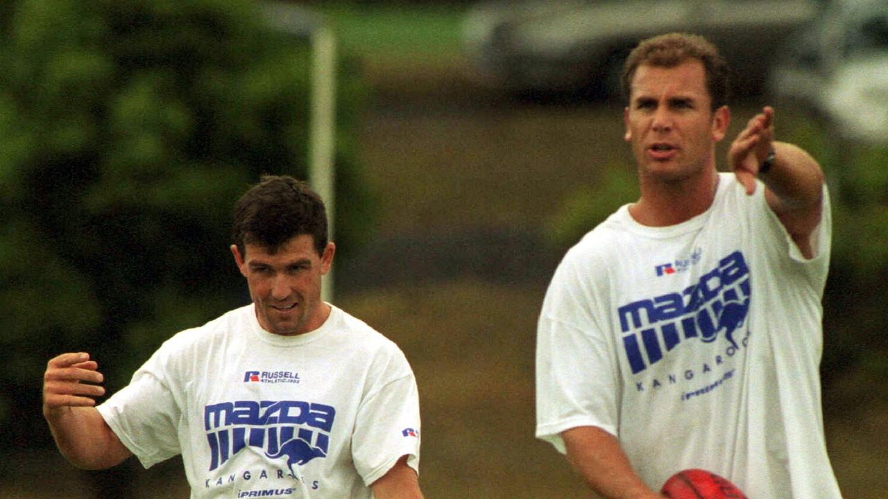 Stevens and Carey at training for North Melbourne before Carey left the club in disgrace in 2002.