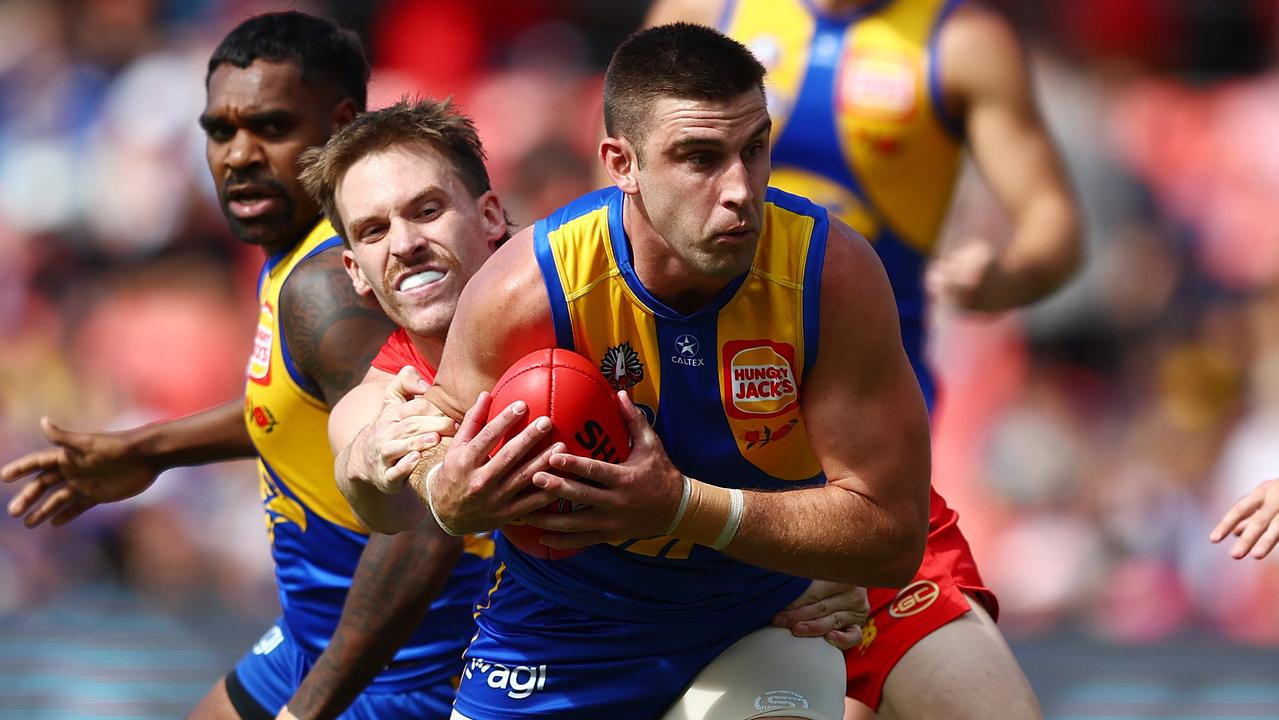 GOLD COAST, AUSTRALIA - APRIL 28: Elliot Yeo of the Eagles is tackled during the round seven AFL match between Gold Coast Suns and West Coast Eagles at People First Stadium, on April 28, 2024, in Gold Coast, Australia. (Photo by Chris Hyde/Getty Images)