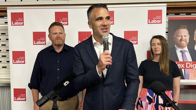 Premier Peter Malinauskas addresses the Labor faithful after Alex Dighton’s win in the Black by-election. Picture: Supplied