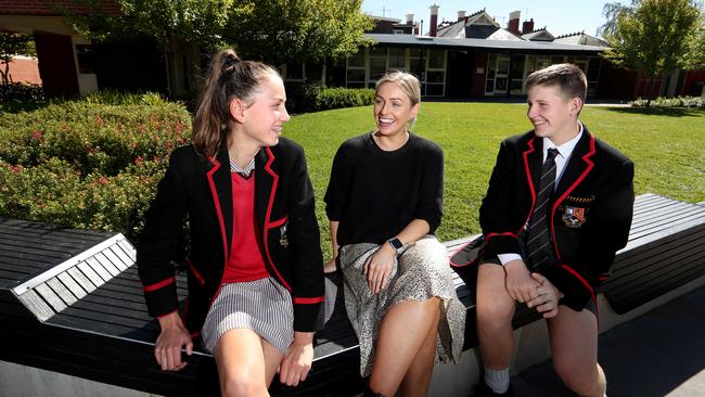 Year 9 teacher Jenna Andrews with students Kate Wilding and Ben Locke at Clarendon College, Ballarat. Picture: David Geraghty