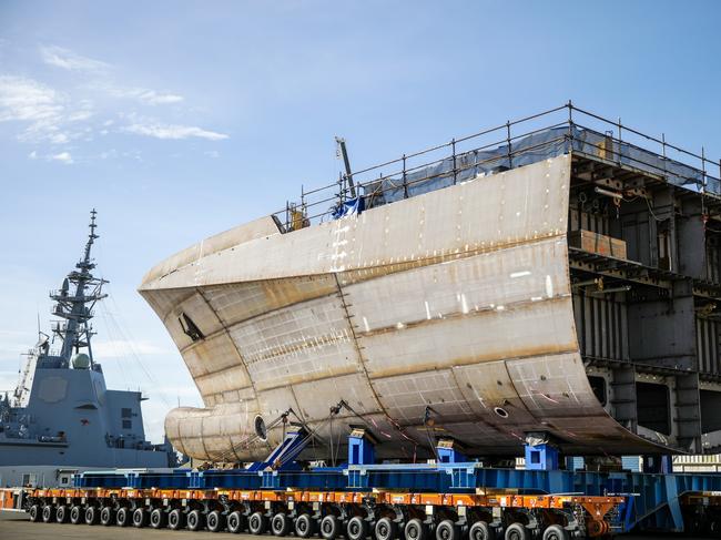 *** Local Caption *** In a further milestone for the Offshore Patrol Vessel (OPV) program, the two halves of the first of class ship, Arafura, built by Luerssen Australia and its partner ASC have been brought together and welded to form a complete hull.     In what was the largest block move in the history of the Osborne Naval Shipyard and a considerable engineering feat, Australian Naval Infrastructureâs (ANI) operations team manoeuvred the two mega-blocks together, with only millimetres between them.