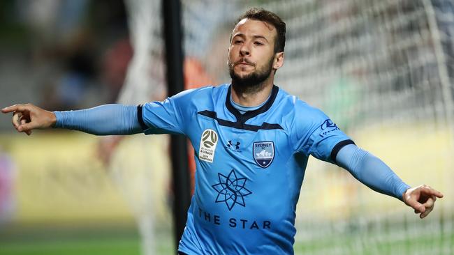 Adam Le Fondre of Sydney FC after scoring a goal during the round-nine A-League match against the Brisbane Roar in Sydney. Picture: Getty Images