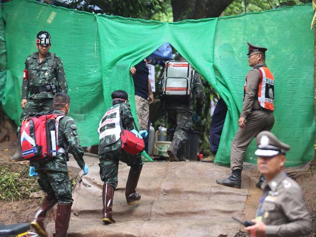 Foreign elite divers and Thai Navy SEALS began the extremely dangerous operation to extract the 12 boys and their football coach as they raced against time, with imminent monsoon rains threatening more flooding that would doom the rescue operation. Picture: AFP