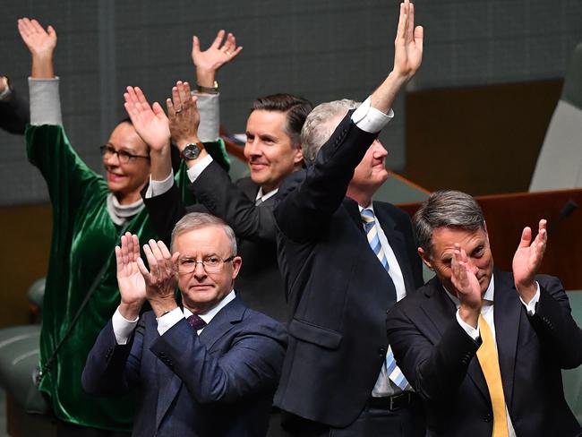 Anthony Albanese, bottom left, after his budget in reply speech in the House of Representatives at Parliament House in Canberra on Thursday night. Picture: Getty Images