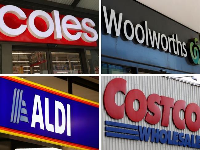 Coles, Woolworths, Aldi, Costco composite. Picture: NCA Newswire