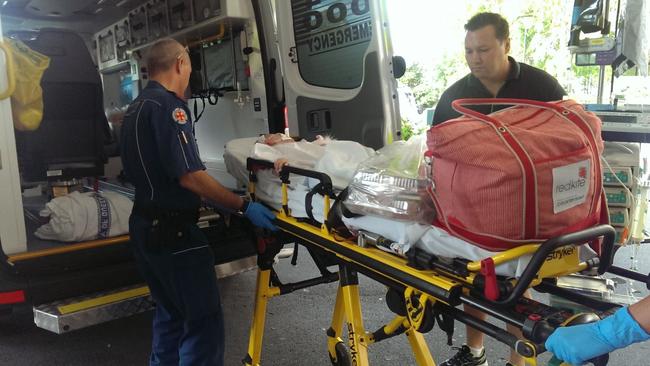 Cancer patient Sophie Leonard being transferred to the Queensland Children’s Hospital when it opened on November 29, 2014.