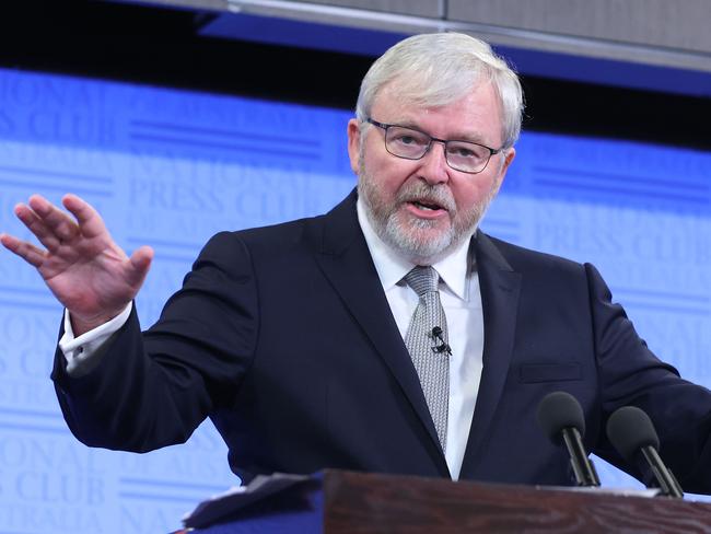 Former Prime Minister Kevin Rudd during his address at the National Press Club in Canberra. Picture: NCA NewsWire / Gary Ramage