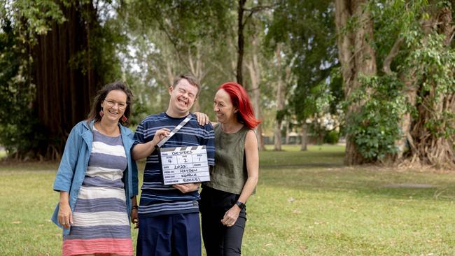 ARC Disability Support Services creative arts co-ordinator Karen Jackson, actor Hayden Keable and Yarner creative producer Jannah Dryden celebrate Mr Keable's first individual international film award. Photo: J Create Photography