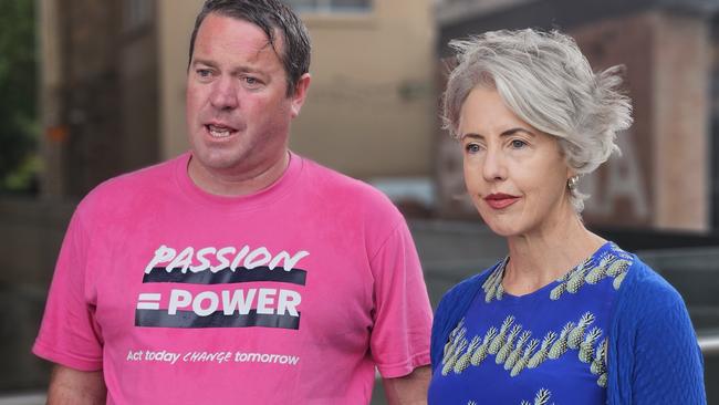 Health and Community Services Union State Secretary Robboe Moore and Greens leader Rosalie Woodruff speak to the media at Parliament Square in Hobart on Wednesday, January 17, 2024.