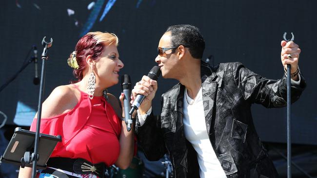 Rhonda Lettice and Bob La Castra of "The Waves on the Beach Stage at Surfers Paradise Live. Picture: Glenn Hampson