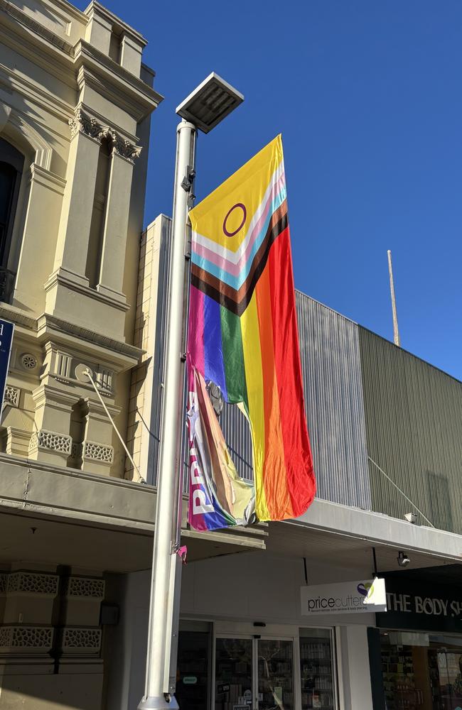 Pride flags slashed in Launceston mall hours after being raised. Picture: Alison Foletta