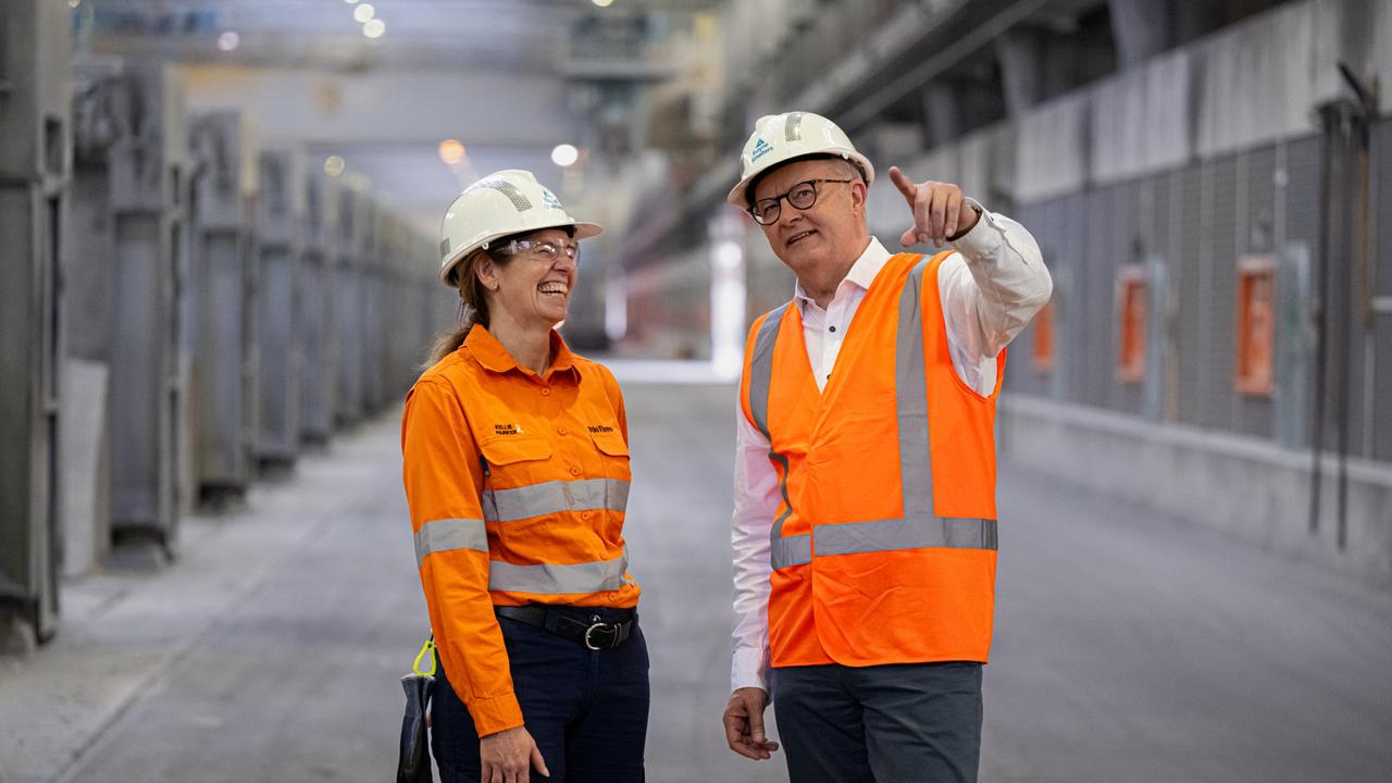 Prime Minister Anthony Albanese with Kellie Parker CEO Rio Tinto Australia during a visit to the Rio Tinto Boyne Smelter in Gladstone, QLD. Picture: NewsWire / Paul Beutel