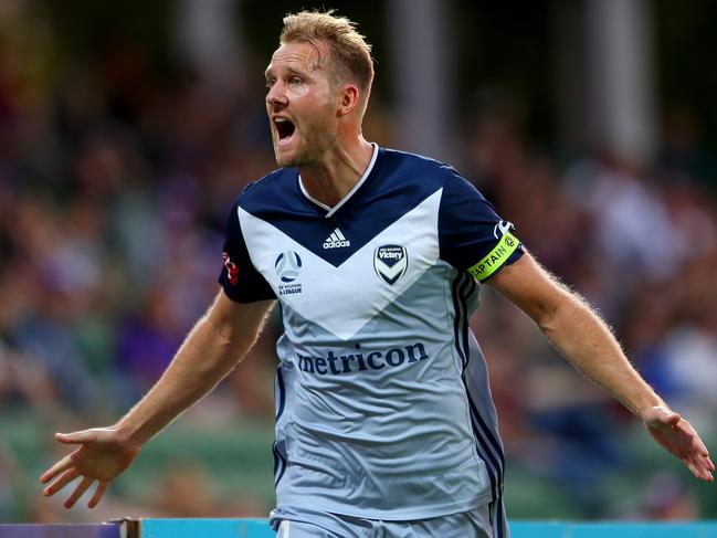 PERTH, AUSTRALIA - FEBRUARY 01: Ola Toivonen of Melbourne Victory celebrates his goal during the round 17 A-League match between the Perth Glory and the Melbourne Victory at HBF Park on February 01, 2020 in Perth, Australia. (Photo by James Worsfold/Getty Images)