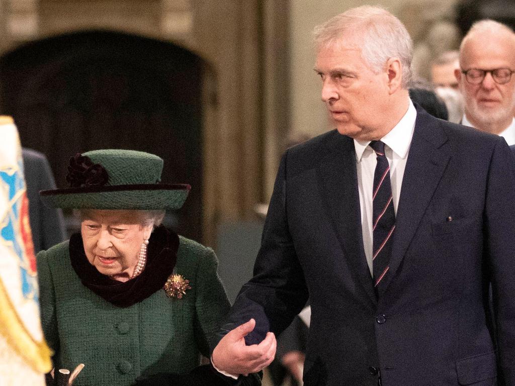 The Queen and Prince Andrew at the Service of Thanksgiving for Britain's Prince Philip, Duke of Edinburgh, at Westminster Abbey in March. Picture: Richard Pohle/AFP