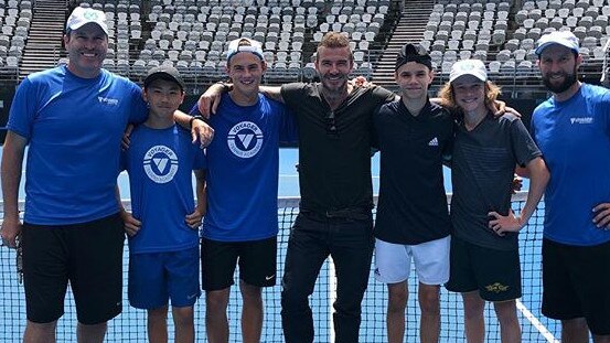 The Beckham boys played a round of tennis on Ken Rosewall Arena in Sydney’s Olympic Park. Picture: Instagram/@voyagertennis