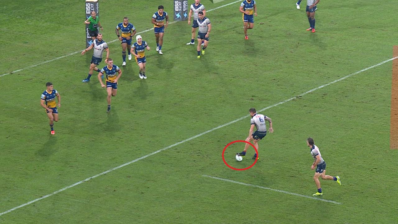 The pass landed at Cameron Munster's feet.