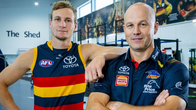 Coach of the Crows Matthew Nicks and captain  Jordan Dawson in the Crows shed gym after Matthew Nicks re-signed as coach for the next three years ,Thursday,March,21,2024.Picture Mark Brake