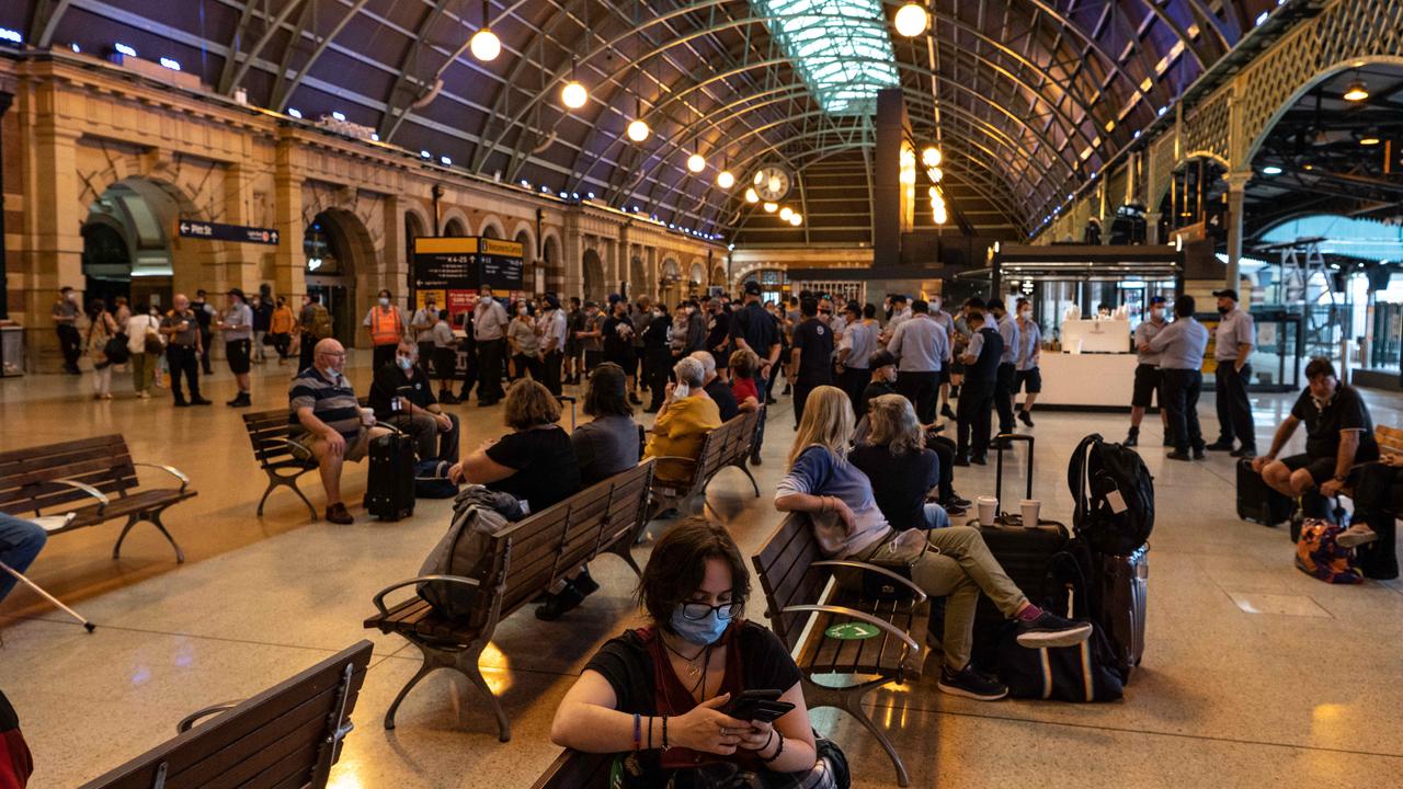 Commuters are seen outside of Central Station following the train cancellations. Picture: NCA NewsWire/Flavio Brancaleone