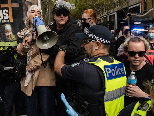 Pro-trans activists clashed with members of Victoria Police. Picture: NewsWire / Diego Fedele