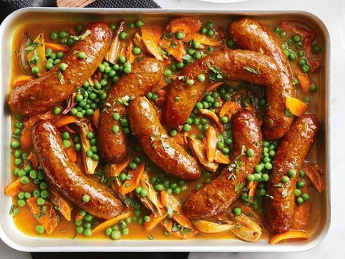 Curried sausages tray bake.