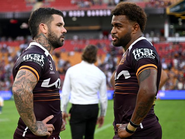 Adam Reynolds and Ezra Mam after the Broncos’ loss. Picture: NRL Photos