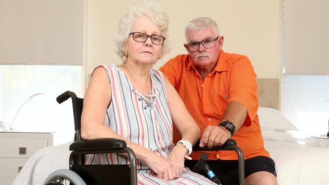 The pair said they had to spend 14.5 hours in the waiting room while looking for treatment. Photo of him with wife Robin O'Brien at home.