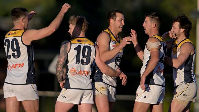 NFNL: Hurstbridge players celebrate a goal. Picture: Andy Brownbill