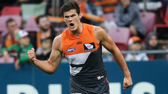 Greater Western Sydney's Tom Boyd celebrates a goal during AFL match GWS Gianst v Collingwood at Spotless Stadium. pic. Phil Hillyard