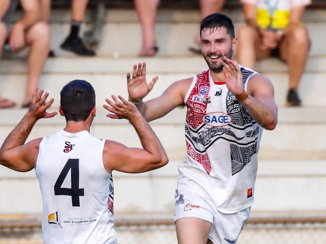 Southern Districts forward Jarrod Brander celebrates a goal in the 2022-23 NTFL season. Picture: Celina Whan / AFLNT Media